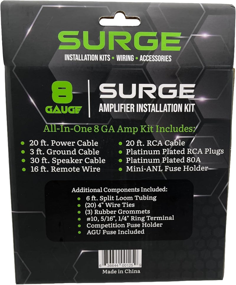 Surge طقم أسلاك مكبر الصوت 8 قياس – كابل طاقة أخضر بطول 20 قدم، كابل RCA بطول 20 قدم، سلك مكبر صوت بطول 30 قدم، حامل فيوز Mini-AGU، أنابيب مقسمة وإكسسوارات – طقم تركيب مكبر صوت السيارة - Image 3
